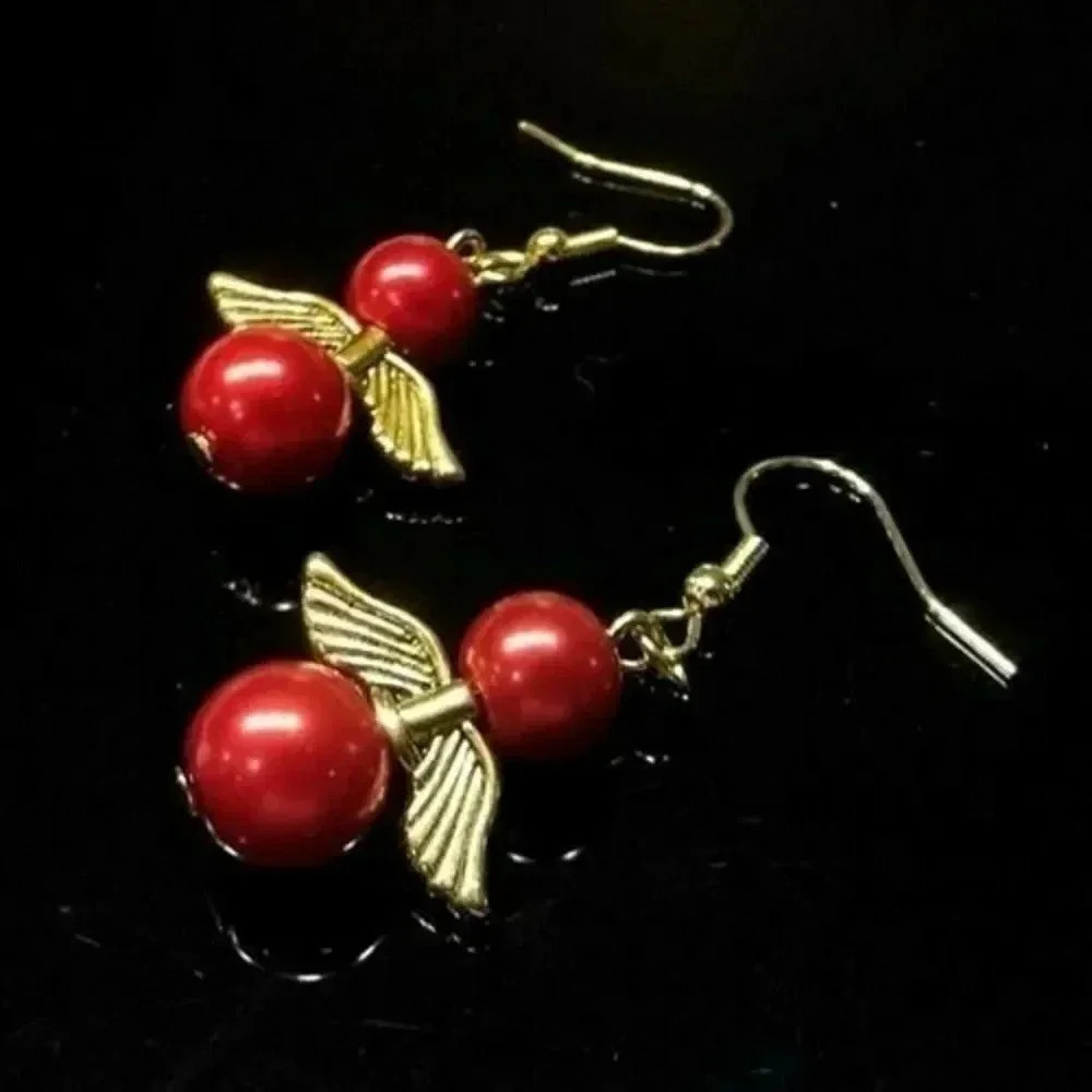 Handmade Red Glass Pearl and Gold Plated Pewter Angel Wings Dangle Earrings